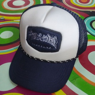 Topi Trucker Bordir Emblem Premium - Trasher Putih Navy